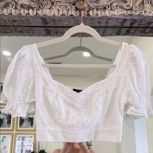 Elegant White Eyelet Puff Sleeve Cropped 100% cotton Blouse